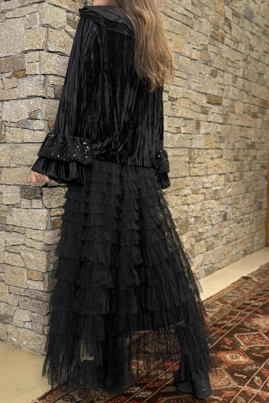 Stevie Stretch Velvet Ruffle Blouse Black /14 =